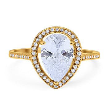 14K Yellow Gold Halo Teardrop Bridal Ring Pear Round Cubic Zirconia Size-7